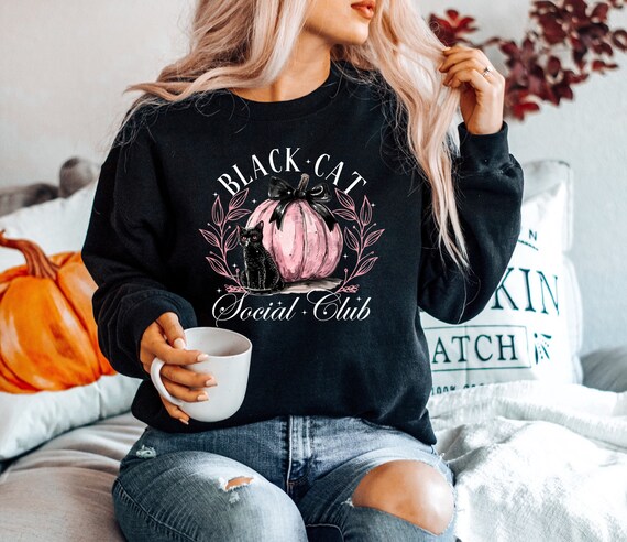 Black Cat Social Club Sweatshirt, Ghost Cat Shirt, Retro Halloween Sweater, Coquette Halloween Cat Mama Shirt, Halloween Cat Lover Gift