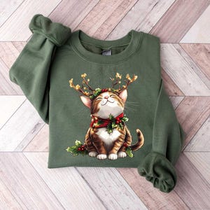 May include: Green Christmas sweater with a brown and white cat wearing reindeer antlers and a red and green holly wreath around its neck.