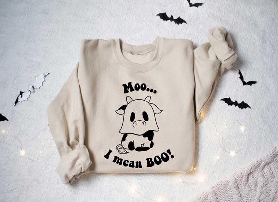 Moo I Mean Boo Shirt, Cute Ghost Sweater, Cartoon Heroes Shirt, Ghost Sweater, Halloween Party Sweater, Kids Halloween, Halloween Gift