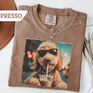 Comfort Colors® Funny Goldendoodle Drinking Iced Coffee T-Shirt, Dog Meme Tee, Coffee Dog Shirt, Gift For Animal Lover, Funny Dog Shirt