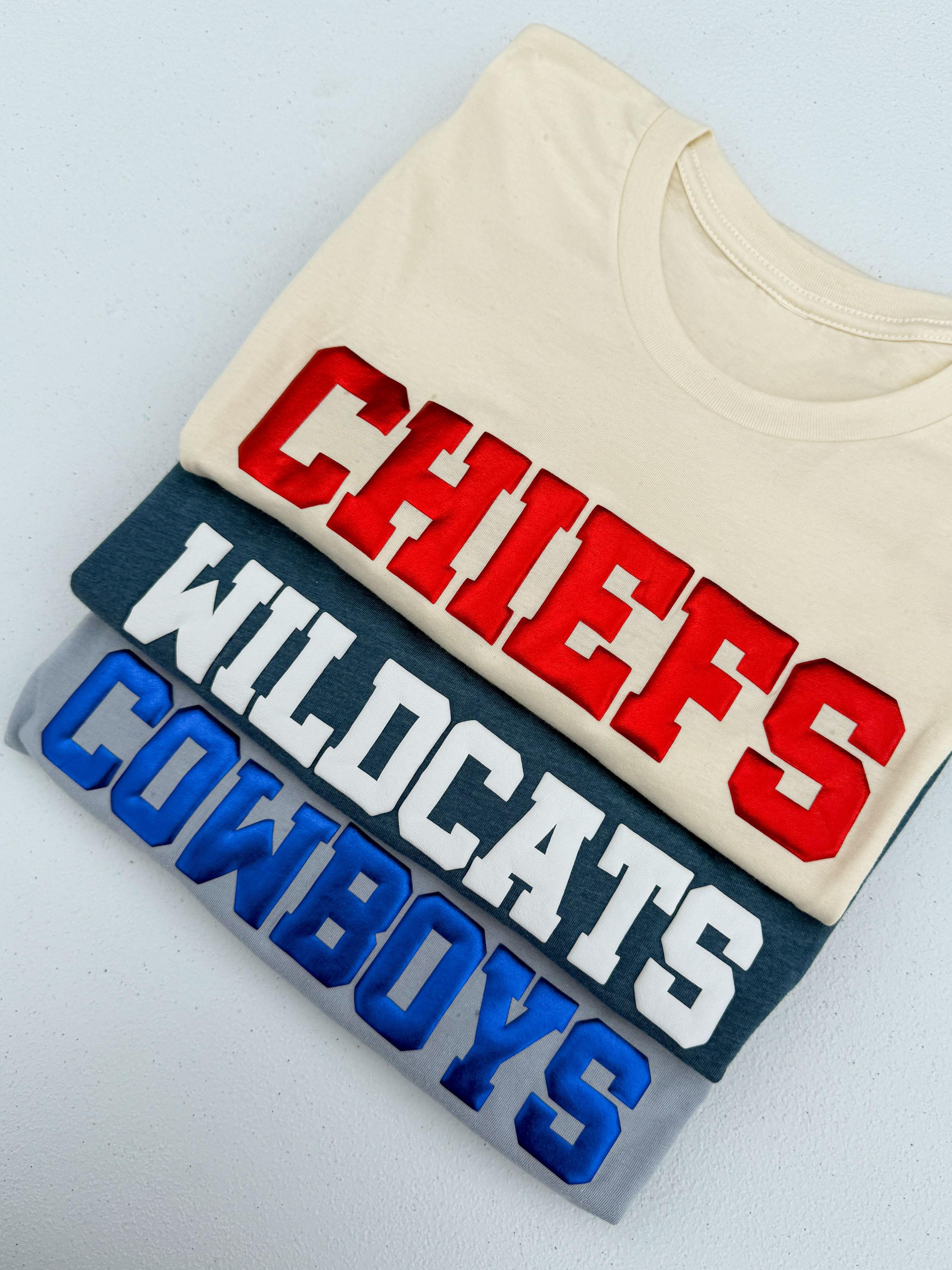 Personalized Embossed Team Name T-shirt, Metallic Puff Print, Puff School Sports, Trendy Custom School Mascot Tee, Puff Print Mascot Shirt