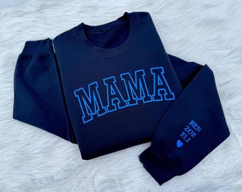 Mama Puff Print Sweatshirt, Valentine day shirt, Gift for Her, Mama Sweater, Custom Shirt, Childrens Name on Sleeve, Embossed Sweatshirt
