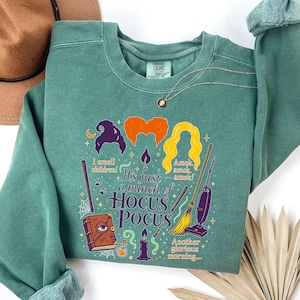 May include: A teal green sweatshirt with a graphic design featuring the text "It's just a bunch of Hocus Pocus." The design includes illustrations of witch hair, a spell book, a broom, and a vacuum cleaner. The phrase "I smell children!" is also included.
