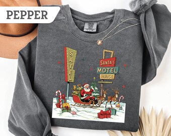 Comfort Colors®Santa's Motel Sweatshirt, Funny Christmas tShirt, Christmas Characters Shirt, Retro Christmas Tee, Santa Xmas Gift,Winter Tee