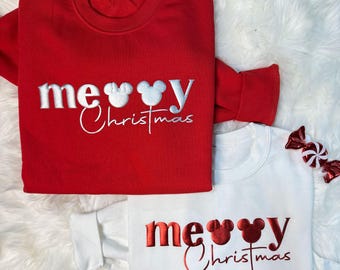 Embossed Merry Christmas Sweatshirt, Puff 3D Disney Christmas Tshirt, Mickey Minnie Merry Christmas Shirt, Holiday Disneyland Long Sleeve