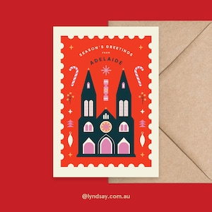 Adelaide Christmas Card – Hand Illustrated St Peter&#39;s Cathedral Design – South Australia Holiday Greeting – Eco Friendly Recycled Envelope
