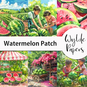 Digitala papper med vattenmelonlappar för scrapbooking, skräpjournal, klistermärken, kort. Vattenmelongård, monter, plockning av vattenmeloner. Kommersiellt bruk.