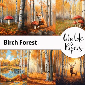 Papiers numériques de forêt de bouleaux pour scrapbooking, journal de bordel, autocollants, cartes. Champignons vénéneux, champignons, renard, chevreuil, écureuil. Utilisation commerciale.