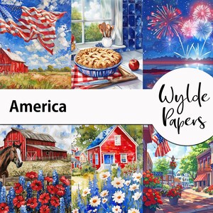 May include: A collage of images celebrating America. The top left image shows an American flag waving in the wind. The top right image shows a pie with a red, white, and blue crust. The bottom left image shows a red barn with a horse in front of it. The bottom right image shows a street scene with red, white, and blue decorations. The text "Wyld Papers" is in the center of the image.