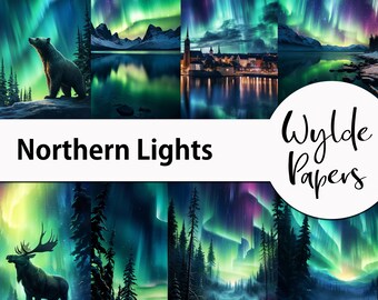 Northern Lights digital papers for scrapbook, junk journal, stickers, cards