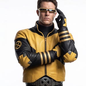 May include: A yellow and black leather jacket with a high collar, long sleeves featuring gold stripes, and a circular emblem on the shoulder. The outfit includes a black belt with a silver X-shaped buckle and a gold-rimmed visor over the eyes.
