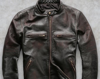 Men's Genuine Leather Motorcycle Jacket | Distressed Black, Rub-Off | Slim Fit | Biker