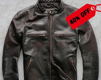 Chaqueta de moto de cuero genuino para hombre / Negro desgastado, Rub-Off / Slim Fit / Biker