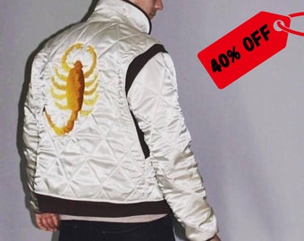 Blouson aviateur en satin | Blanc pour hommes | Conception de scorpion | Ambiance rétro