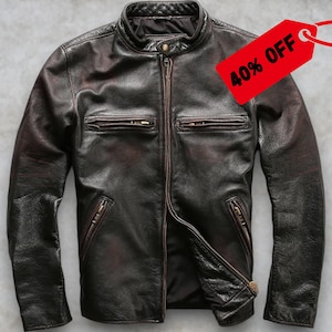 Men's Genuine Leather Motorcycle Jacket Distressed Black, Rub-Off Slim Fit Biker image 1