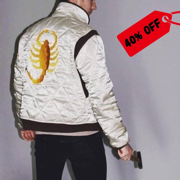 Satin Bomber Jacket | Men's White | Scorpion Design | Retro Vibes