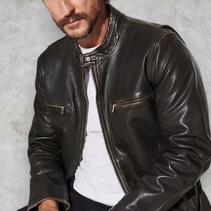 Men's Genuine Leather Motorcycle Jacket Distressed Black, Rub-Off Slim Fit Biker zdjęcie 2