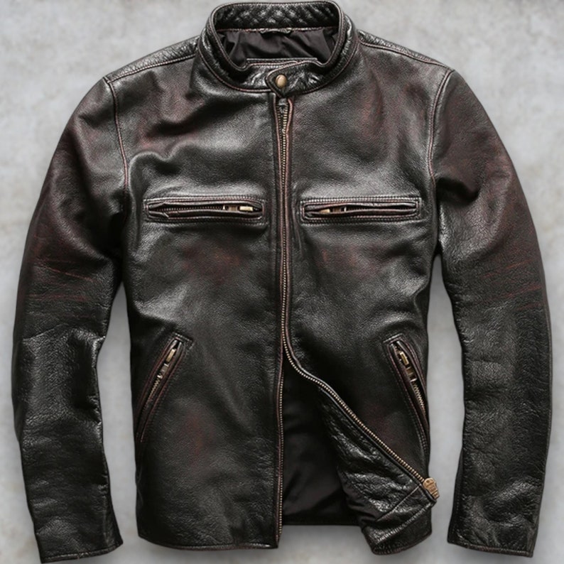 Men's Genuine Leather Motorcycle Jacket Distressed Black, Rub-Off Slim Fit Biker zdjęcie 6
