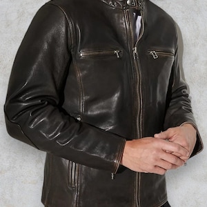 Men's Genuine Leather Motorcycle Jacket Distressed Black, Rub-Off Slim Fit Biker zdjęcie 3