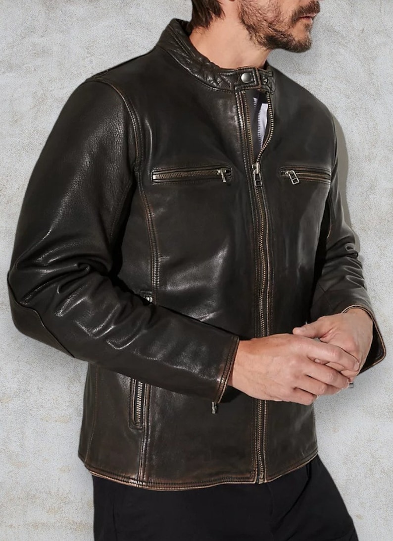 Men's Genuine Leather Motorcycle Jacket Distressed Black, Rub-Off Slim Fit Biker zdjęcie 3