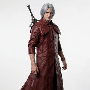 Könnte beinhalten: Ein burgunderfarbener Ledermantel mit Steppdesign, getragen über einem schwarzen Outfit. Der Mantel hat ein langes, fließendes Design und einen hohen Kragen. Ein silbernes Schwert mit Totenkopf-Design ist am Rücken befestigt.