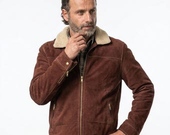 Walking Dead Rick Grimes suède leren jas, cosplayjas heren, bruine en zwarte jas met bont