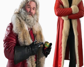 Santa Claus Red Leather Trench Coat with Faux Fur Trim – Christmas Holiday Outfit