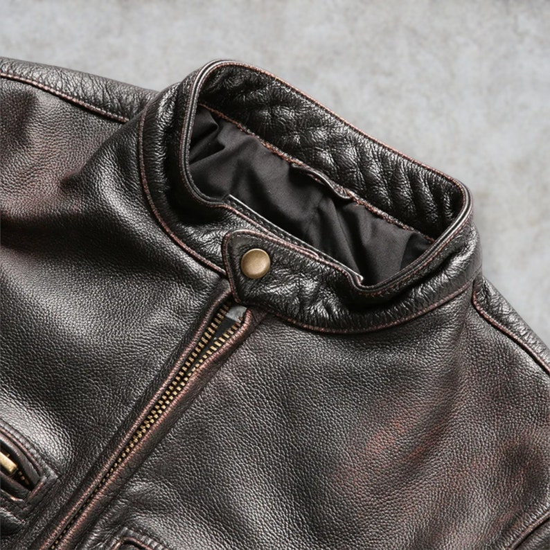 Men's Genuine Leather Motorcycle Jacket Distressed Black, Rub-Off Slim Fit Biker zdjęcie 4