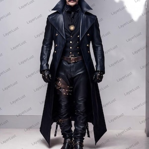 Men's Black Leather Gothic Coat, Trench Coat, Long Steampunk