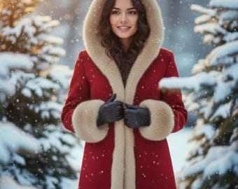 Red Velvet Overcoat with Faux Fur Trim | Santa Holiday Coat,Christmas Coat