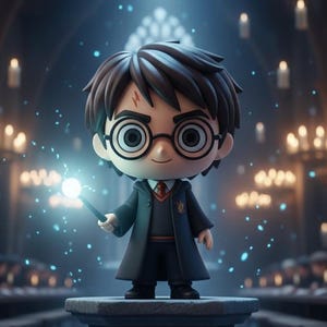 May include: A stylized figurine of Harry Potter, wearing glasses and a school uniform, holding a glowing wand. The figure stands on a stone pedestal in a grand hall with tables, candles, and chandeliers. The scene is illuminated by a beam of light.