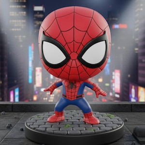 Könnte beinhalten: Stilisierte Spider-Man-Figur in einem rot-blauen Kostüm, stehend auf einem kreisförmigen Sockel. Die Figur hat große weiße Augen und ein rotes Spinnennetz-Muster auf dem Kopf. Der Hintergrund zeigt eine Stadtlandschaft bei Nacht mit Vollmond.