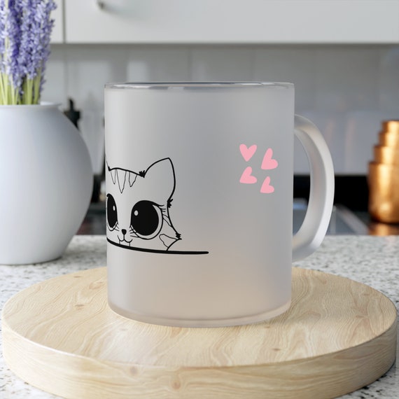 Cute Cat Greeting and Pink Hearts Frosted Glass Mug 0.33ml 