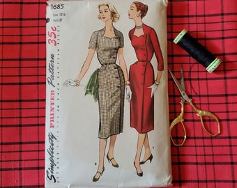 Vintage 1950s Simplicity Holiday Party Dress Sewing Pattern With Sweetheart Neckline and Interesting Side Button Closure