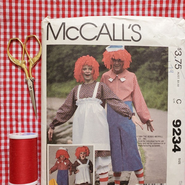 Retro McCalls 9234, Mens Small, 1980s Raggedy Andy Costume Sewing Pattern for family Halloween