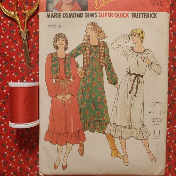 Retro 1970s Butterick Renaissance or Cottagecore Dress and Vest Sewing Pattern, Quick and Easy Marie Osmond Design