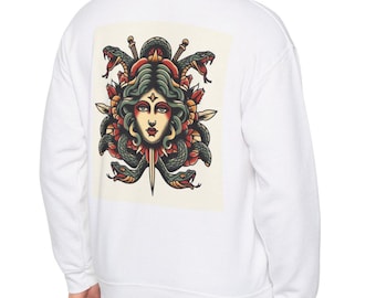 Medusa Neo Traditional Crewneck Sweatshirt, Greek Mythology Sweater, Unisex Pullover Jumper, Mythical Art Apparel, Vintage Style Top