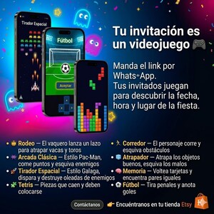 Peut inclure: Publicité pour une invitation de jeu vidéo. Trois smartphones affichent différents jeux : un jeu de tir spatial, un jeu de football et Tetris. Le texte dit : "Votre invitation est un jeu vidéo."