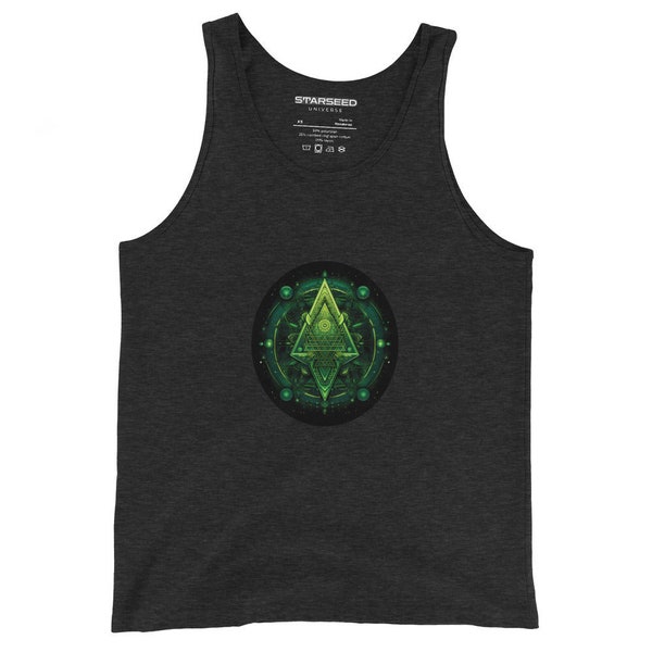 Sacred Vision Unisex Tank Top - Green emerald pyramid with eye on arrow
