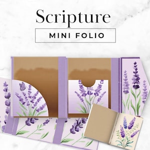 May include: A mini folio with the text "Scripture MINI FOLIO". The folio is lavender and brown with watercolor illustrations of lavender sprigs and a butterfly. An open mini notebook with lavender art is included.