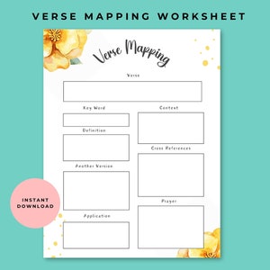 May include: A white worksheet titled "Verse Mapping Worksheet" with floral watercolor accents. The worksheet includes sections for verse, key word, definition, context, cross references, another version, prayer, and application. Text on the image includes "Instant Download".