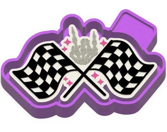 May include: Purple silicone mold with a checkered flag design. The flags are crossed and a skeletal hand is in the center. The mold is for making cookies or other treats.