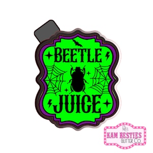 May include: Green and black Halloween-themed sticker with a spiderweb design and the text "Beetle Juice".