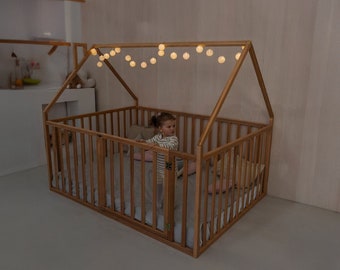 Platform Toddler Bed | Montessori Baby Playpen with Extra High Rails | House Playpen Bed | Indoor Playground