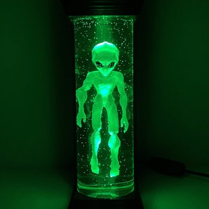 Alien in stasis tank, Green LED lamp, Extra terrestrial figure, Area-51 Epoxy resin sculpture, Book nook