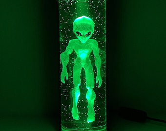 Alien in stasis tank, Green LED lamp, Extra terrestrial figure, Area-51 Epoxy resin sculpture, Book nook