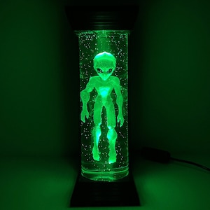 Alien in stasis tank, Green LED lamp, Extra terrestrial figure, Area-51 Epoxy resin sculpture, Book nook