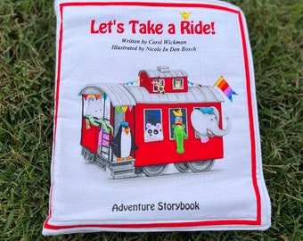 Libro de cuentos de tela Let’s Take a Ride hecho a mano