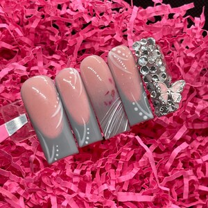 Long acrylic press ons| Gray nails| pink base nails| bling nails| french tip nails | quality pressons