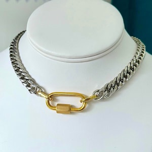Gold Carabiner Necklace  |  Stainless Steel Curb Chain  |  Chunky Mixed Metal Necklace